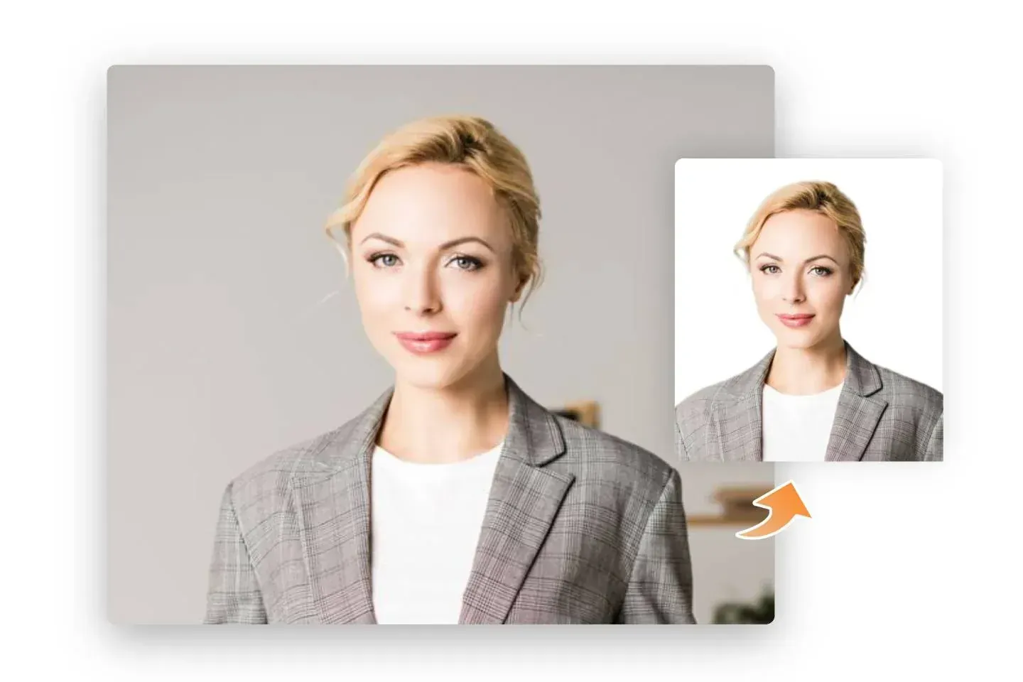 Convert a gray background woman image into white background passport photo with AI Headshot passport photo maker